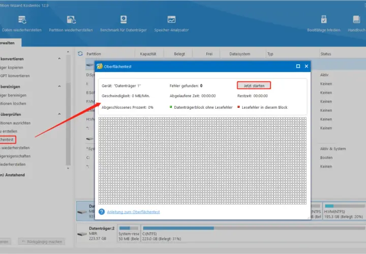 MiniTool Partition Wizard: Oberflächentest für Western Digital Festplatte starten, um Fehler zu finden und die Festplatte zu reparieren.