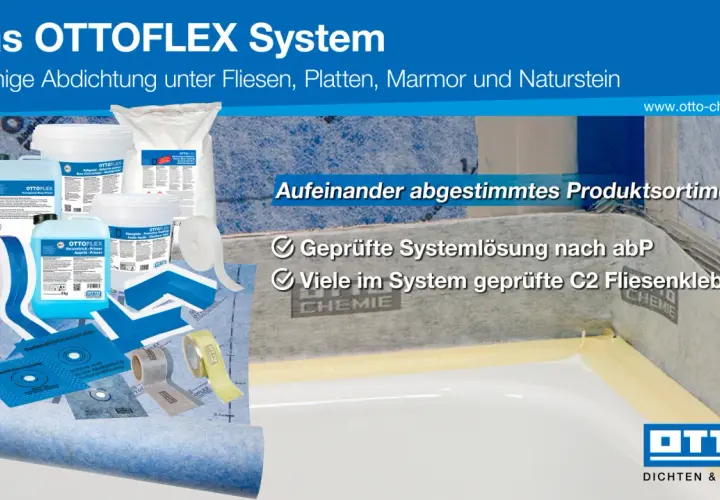 OTTOFLEX System: flächige Abdichtung unter Fliesen. Verschiedene Produkte wie Primer, Flüssigfolie und Manschetten für eine geprüfte Systemlösung.
