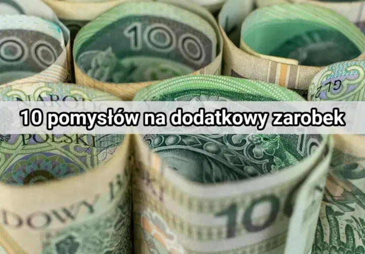 Zwijane banknoty 100 zł, z napisem "10 pomysłów na dodatkowy zarobek".