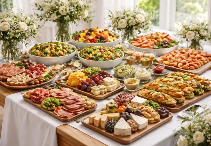 Un magnifique buffet dinatoire de mariage, avec salades colorées, charcuteries, fromages et fruits, prêt à régaler les invités.