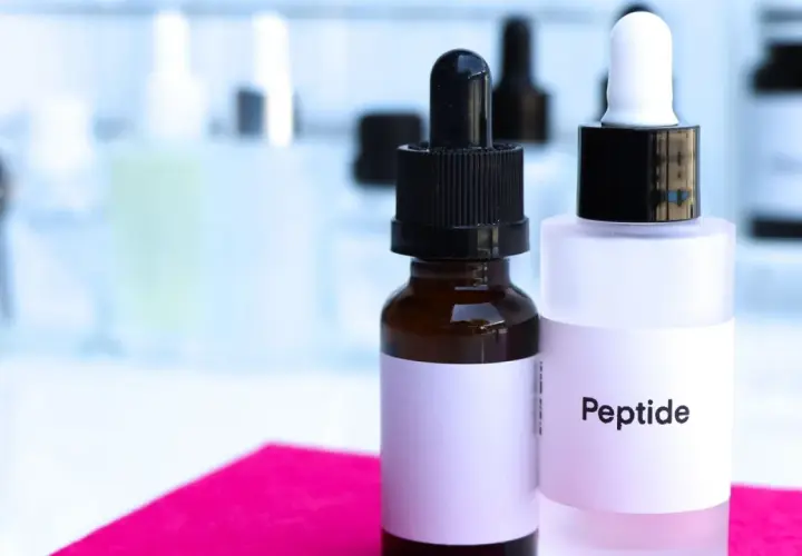 Dwie buteleczki z pipetkami, jedna z napisem "Peptide". Pamiętaj, z czym nie łączyć peptydów miedziowych, by uniknąć podrażnień.