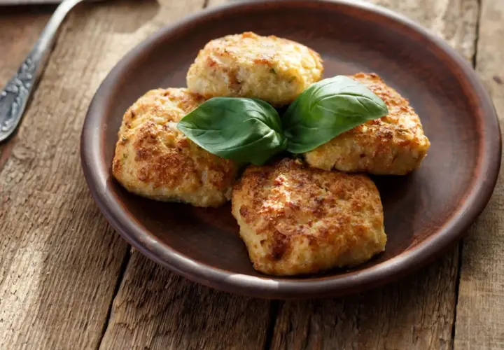 Quattro polpette di zucchine e patate dorate, guarnite con basilico fresco, su un piatto di terracotta.