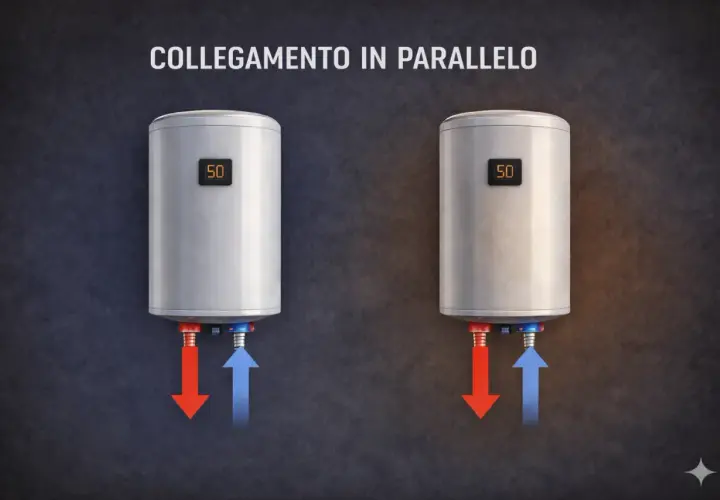 Two water heaters connected in parallel, each showing "50" on a digital display, with red and blue arrows indicating water flow.