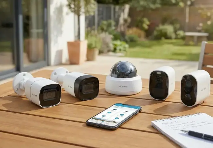 Ensemble de caméras de vidéosurveillance intelligente Vicelers sur une table en bois, avec un smartphone affichant l'application de contrôle.
