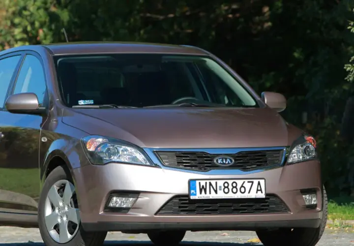 Brązowe Kia Ceed z przodu, na tle zieleni.