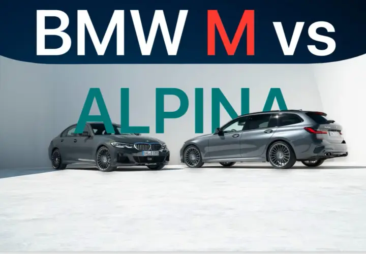 Dwa sportowe BMW: sedan i kombi, z napisem "ALPINA" w tle.