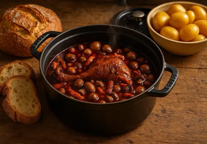 Un plat fumant de coq au vin, avec des champignons et des carottes, servi avec du pain croustillant et des pommes de terre.