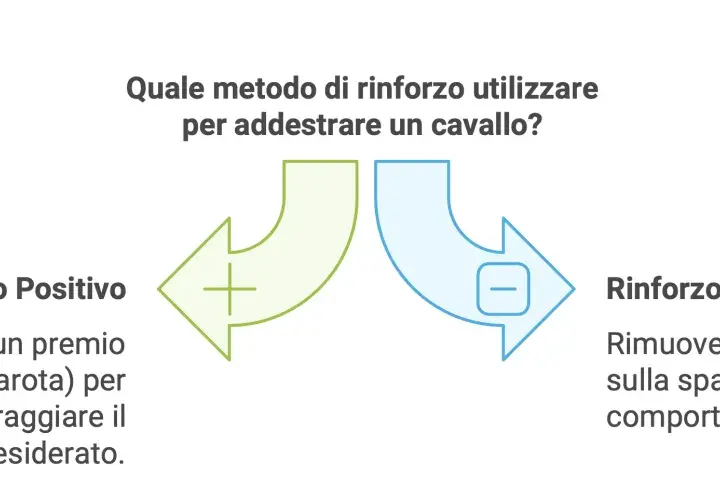 Diagramma che illustra rinforzo positivo (premio) e negativo (rimozione pressione) per addestrare un cavallo.