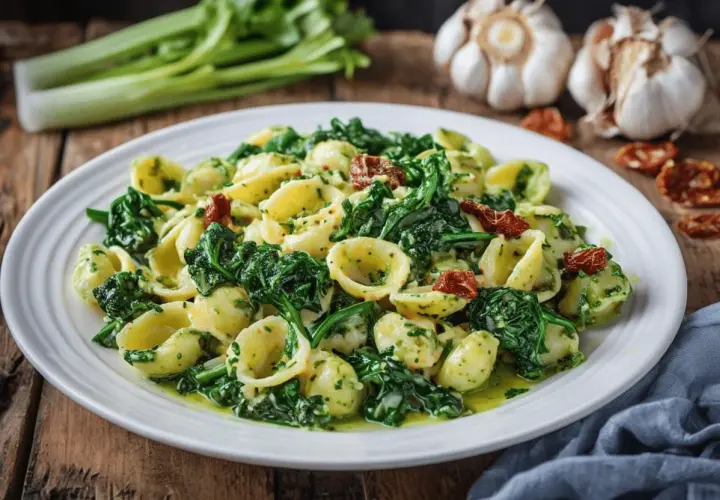 Orecchiette con cime di rapa, un clásico italiano lleno de sabor. La pasta se mezcla con las hojas verdes y trozos de tomate seco.