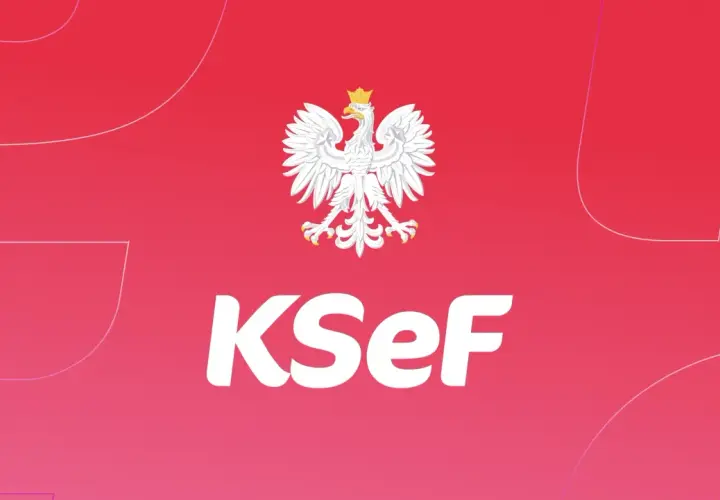 Biały orzeł i napis KSeF na różowym tle. System KSeF dla kogo? Dla wszystkich firm w Polsce.