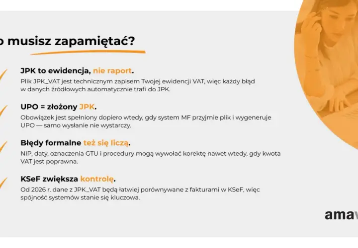 JPK_VAT to techniczny zapis ewidencji, nie raport. UPO to złożony JPK. Błędy formalne się liczą. KSeF zwiększa kontrolę.