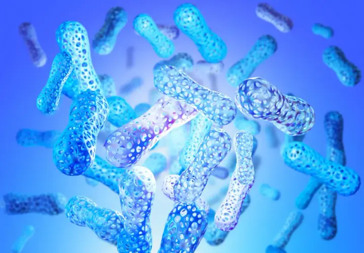 Forme blu traslucide, simili a bastoncini, con texture a nido d'ape, fluttuano in uno spazio blu. Rappresentano enzimi digestivi naturali.