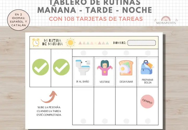 Un tablero de hábitos para rutinas diarias, con iconos para ir al baño, vestirse, desayunar y preparar la bolsa. Incluye un espacio para el nombre y una indicación para subir una pestaña al completar tareas.