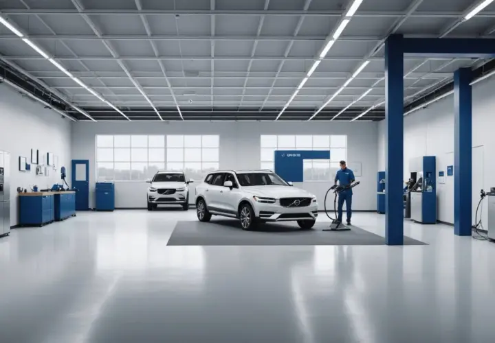 En tekniker dammsuger en Volvo i en ren verkstad. Få ett bra volvo service pris här.