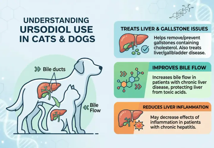Infographic on ursodiol for dogs and cats, detailing its use in treating liver/gallstone issues, improving bile flow, and reducing liver inflammation.