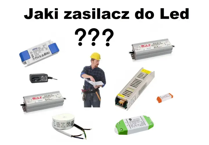 Budowlaniec z planami zastanawia się, jak podłączyć zasilacz do LED. Wokół niego różne modele zasilaczy.