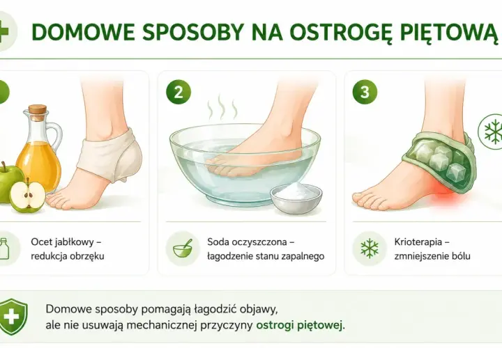 Domowe sposoby na ostrogę piętową: okład z octu jabłkowego, kąpiel z sodą, krioterapia.
