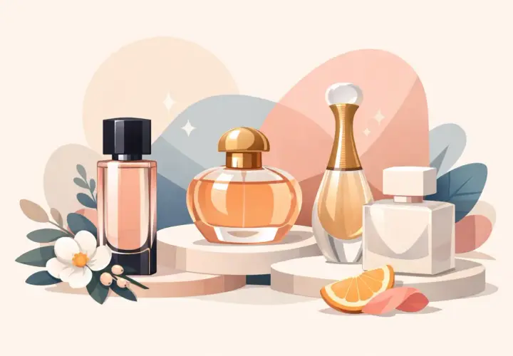 Eleganckie flakony perfum, każdy z własnym esprit, otoczone delikatnymi kwiatami i owocami.
