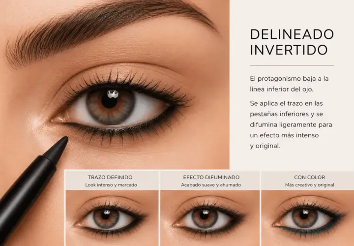 Ojo con delineado invertido aplicado en la línea inferior, mostrando diferentes acabados: definido, difuminado y con color.