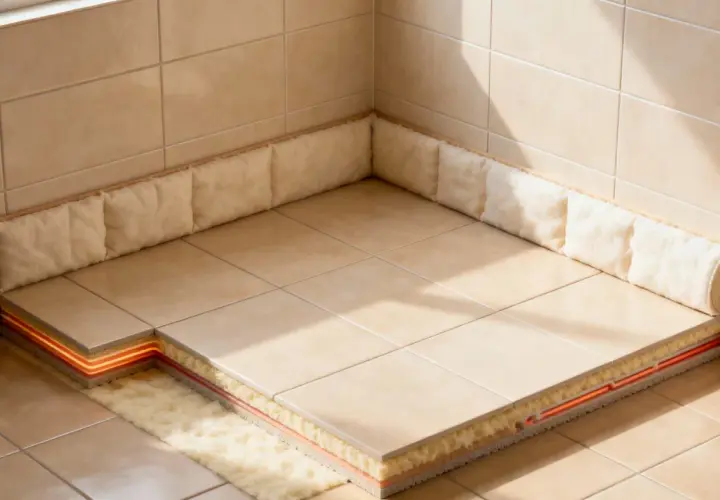 Coupe d'un sol carrelé montrant l'isolation sous carrelage avec un système de chauffage intégré, pour un confort optimal.