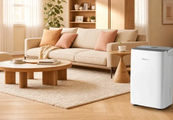Un deshumidificador blanco Deye en una sala de estar moderna, junto a un sofá y mesa de centro. Aprende como usar deshumidificador para un hogar más confortable.
