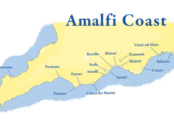 Map of the Amalfi Coast, highlighting towns like Sorrento, Positano, Amalfi, and Salerno along the Italian coastline.