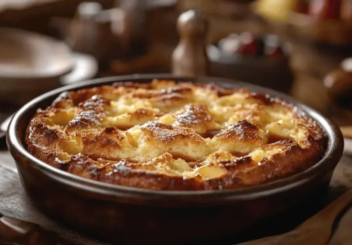 Un délicieux pain perdu doré et croustillant, saupoudré de sucre glace, dans un plat en terre cuite.