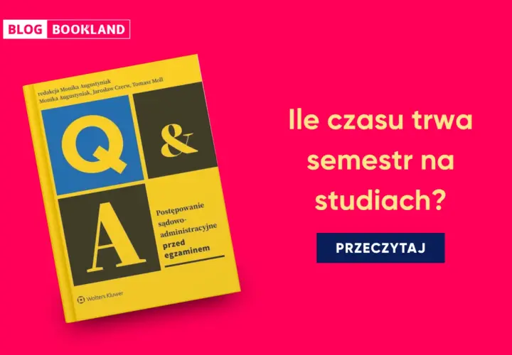 Żółta książka "Q&A" obok pytania "Ile czasu trwa semestr na studiach?".
