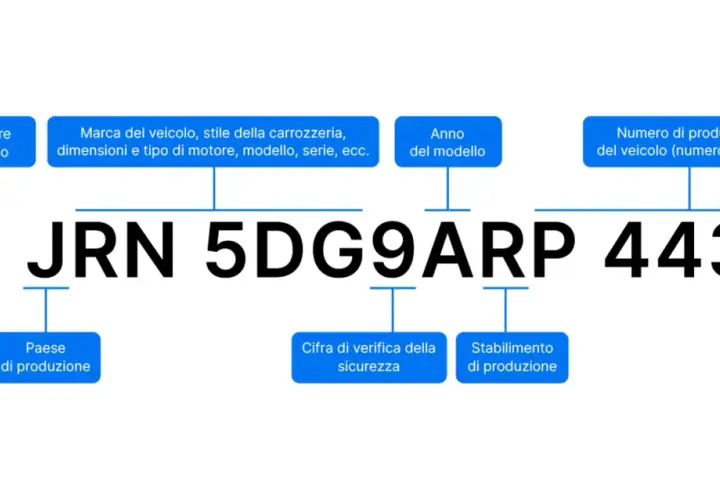 Schema del numero di identificazione del veicolo (VIN). Ogni parte del codice alfanumerico 2D JRN 5DG9ARP 44305 rappresenta informazioni specifiche come costruttore, paese, anno e numero di produzione del veicolo.