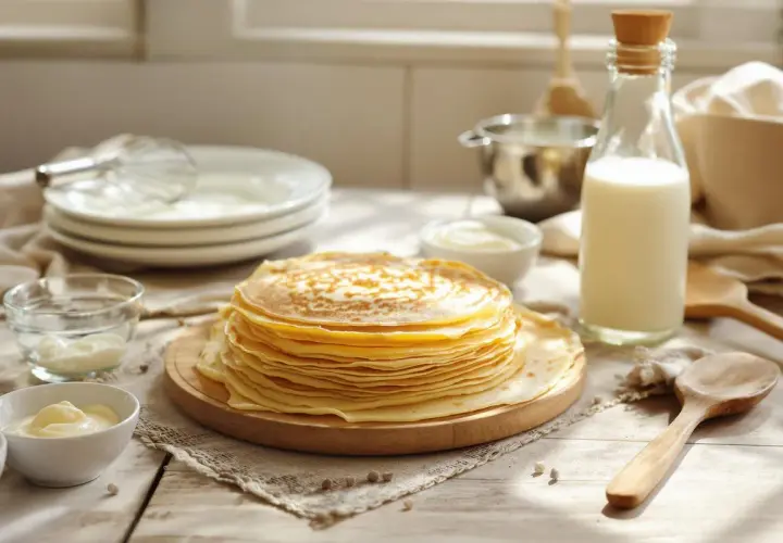 Une pile de crêpes dorées, prêtes à être dégustées. La recette crepe moelleuse est à portée de main avec le lait, la crème et les ustensiles disposés autour.