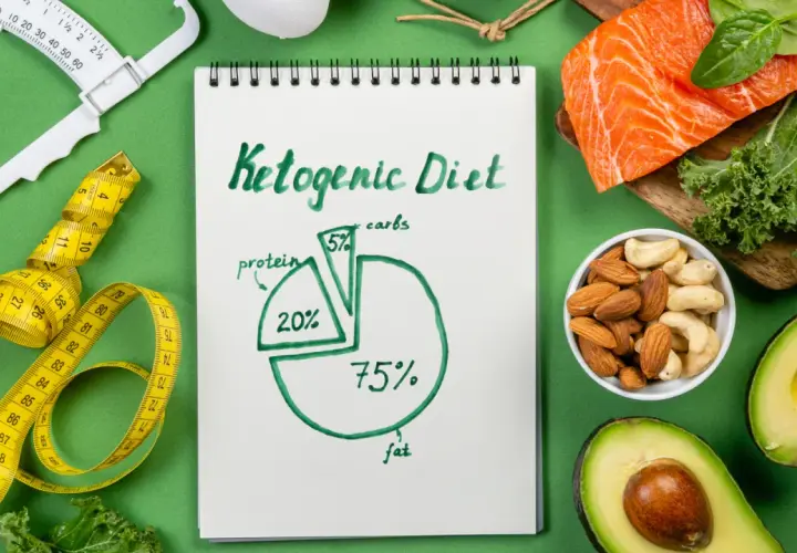 Na stole zielonym leży notatnik z napisem "Ketogenic Diet" i wykresem makroskładników. Obok znajdują się łosoś, awokado, orzechy, miarka i waga. Czy orkisz jest keto? Ten wykres pokazuje, że dieta keto opiera się głównie na tłuszczach (75%).