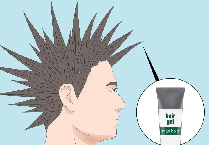 Un hombre con un peinado mohicano en pico, con puntas afiladas hacia arriba. Un círculo muestra un tubo de gel para el cabello de fijación máxima.