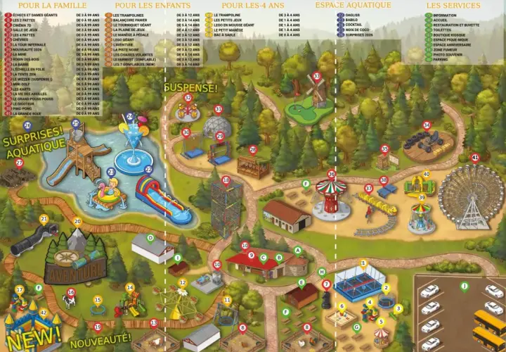 Carte d'un parc d'attractions avec des attractions, des zones de jeux et des services.