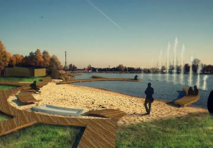 Relaks nad jeziorem Blachownia. Drewniane pomosty, piaszczysta plaża i fontanny tworzą idealne miejsce na odpoczynek.