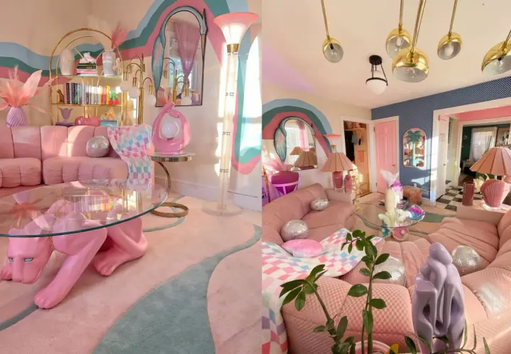A vibrant living room embracing pastel maximalism with pink tufted sofas, a panther coffee table, and a rainbow mural.