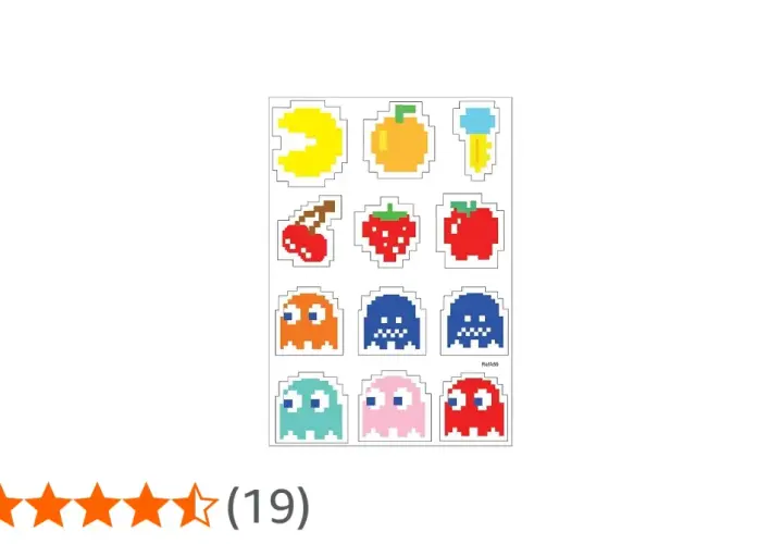 Pegatinas pixeladas de comecocos y fantasmas, ideales para aprender las tablas de multiplicar jugando.