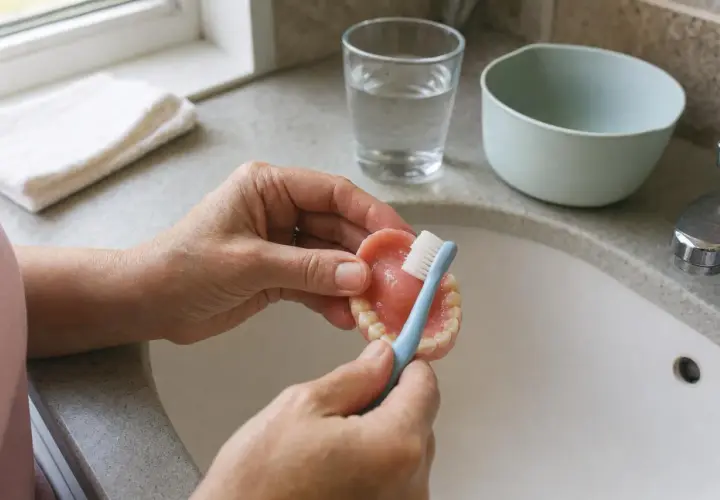 Mani che puliscono una dentiera con uno spazzolino azzurro. Impara come lavare la dentiera per mantenerla igienica.