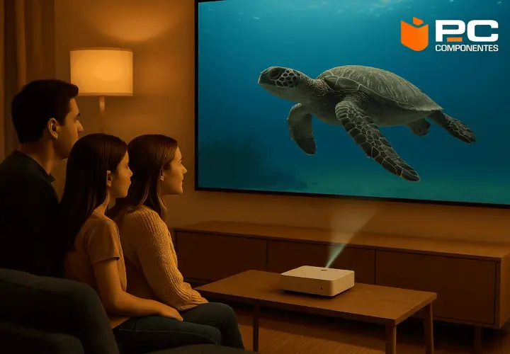 Una famiglia guarda un documentario sulle tartarughe marine proiettato da un dispositivo che spiega cosa sono i proiettori di profondità.