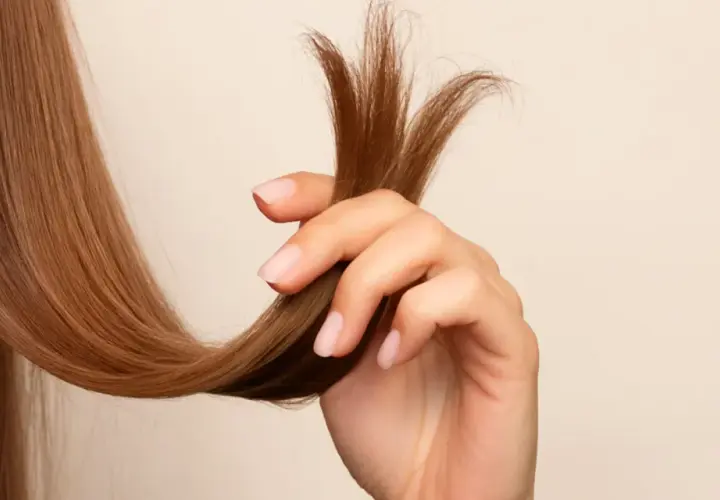 Mano sujetando mechón de cabello castaño con puntas abiertas, mostrando la necesidad de saber como reparar puntas abiertas para un cabello sano.