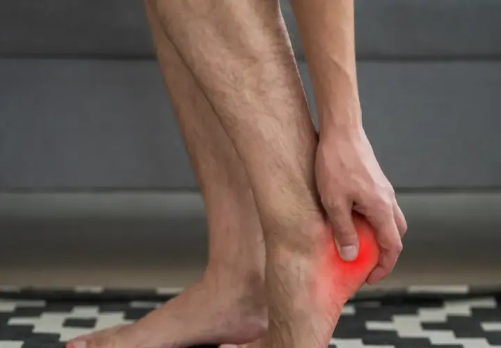 Hombre tocando su talón con un punto rojo que indica dolor en el talón del pie.