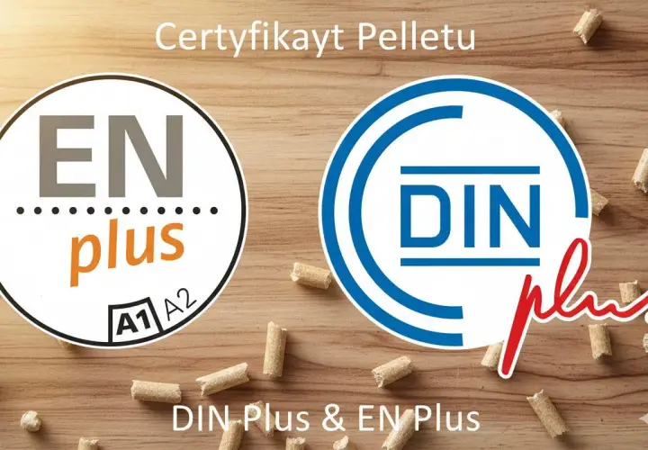 Certyfikat pelletu DIN Plus i EN Plus. Dwa okręgi z napisami "EN plus" i "DIN plus" na drewnianym tle, otoczone pelletem.