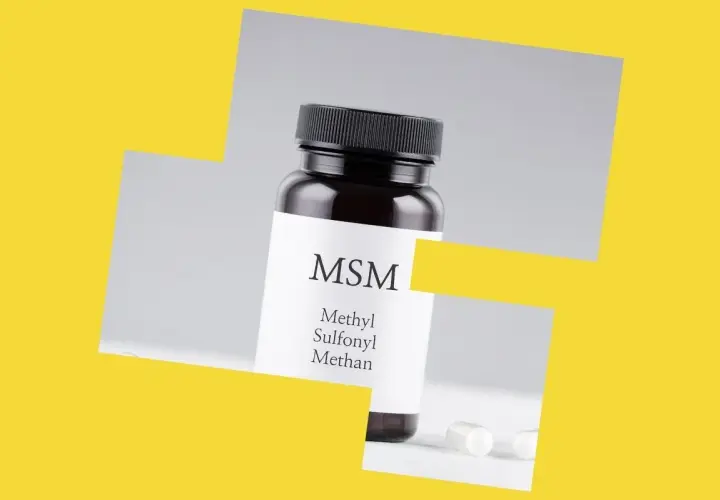 Butelka z suplementem MSM (metylosulfonylometan) i kapsułki. Dowiedz się, msm co to jest i jak może pomóc.