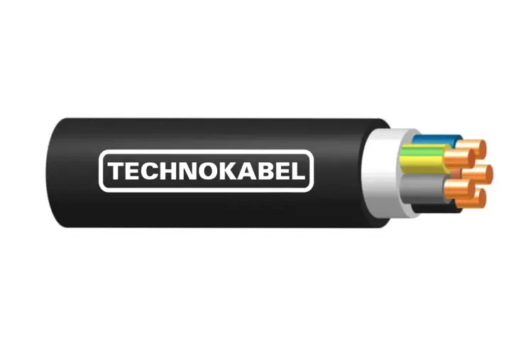 Przekrój kabla TECHNOKABEL z widocznymi żyłami w izolacjach: brązowej, niebieskiej, żółto-zielonej i szarej.