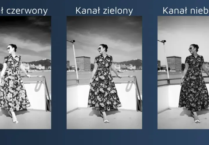 Kobieta w sukience na tle miasta. Obok trzy wersje zdjęcia z różną głębią bitową: kanał czerwony, zielony i niebieski.