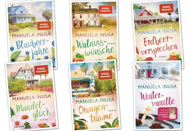 Manuela Inusa's Romane: Blaubeerjahre, Walnusswünsche, Erdbeer-versprechen, Mandelglück, Orangenträume, Winter-vanille.