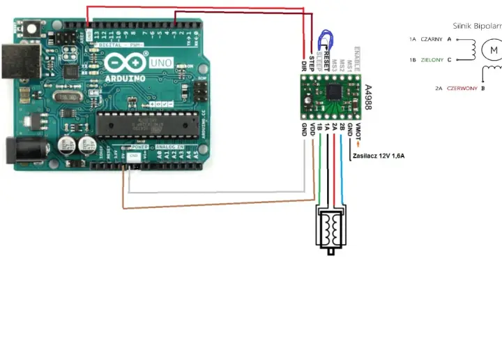 Schemat połączenia Arduino z modułem A4988, sterownikiem silnika krokowego, i silnikiem bipolarnym.