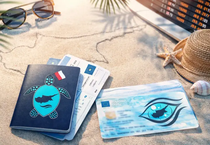 Paszport z motywem żółwia i flagą Polski, bilety lotnicze i karta pokładowa na tle plaży. Czy na Cypr potrzebny jest paszport? Tak, dla obywateli spoza UE.