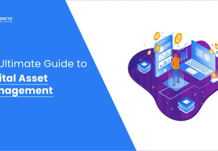 Guide ultime sur la gestion des actifs numériques, avec une illustration isométrique montrant des appareils connectés et des icônes de données.