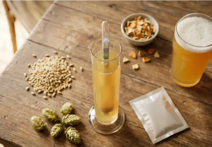 Ingrédients pour une bière sans orge : houblon, malt, levure et écorces d'orange. Un verre de bière dorée et un densimètre complètent la scène.
