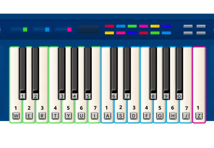 Wirtualne pianino online z klawiaturą komputerową. Graj muzykę naciskając klawisze W, E, R, T, Y, U, I, A, S, D, F, G, H, J, Z.